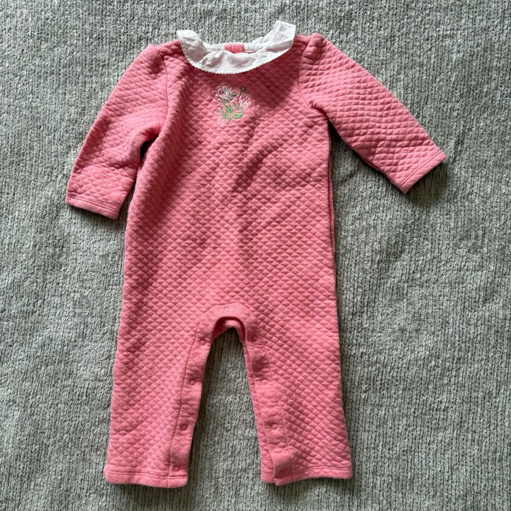 Janie And Jack Pink Quilted Romper 6-12 Months Ruffle Collar Floral